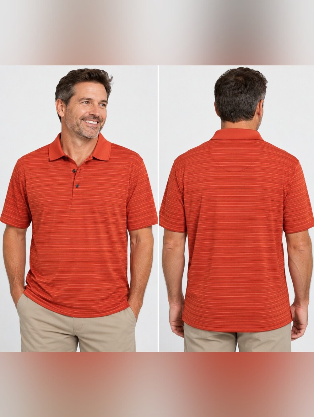 PGA TOUR Men's Medium Golf Polo Orange Red White Striped Short Sleeve 42"